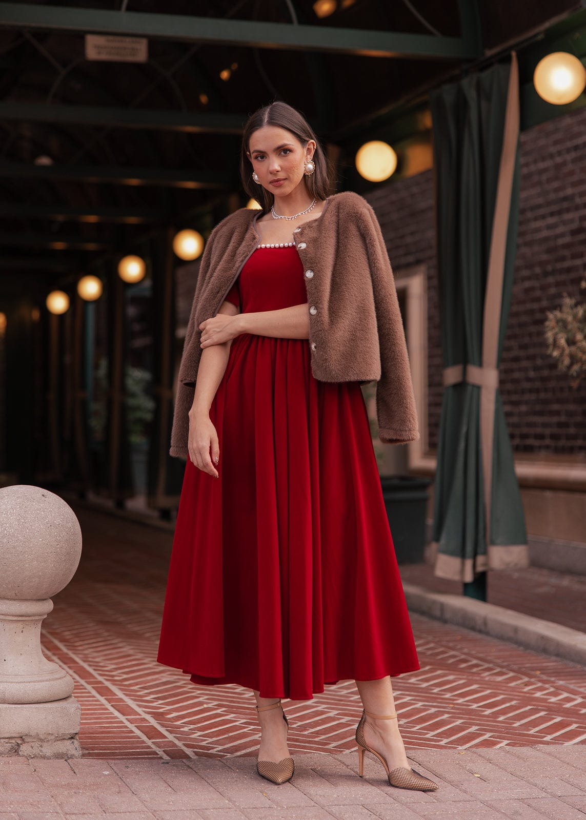 Mary Velvet Holiday Pearl Dress - Red