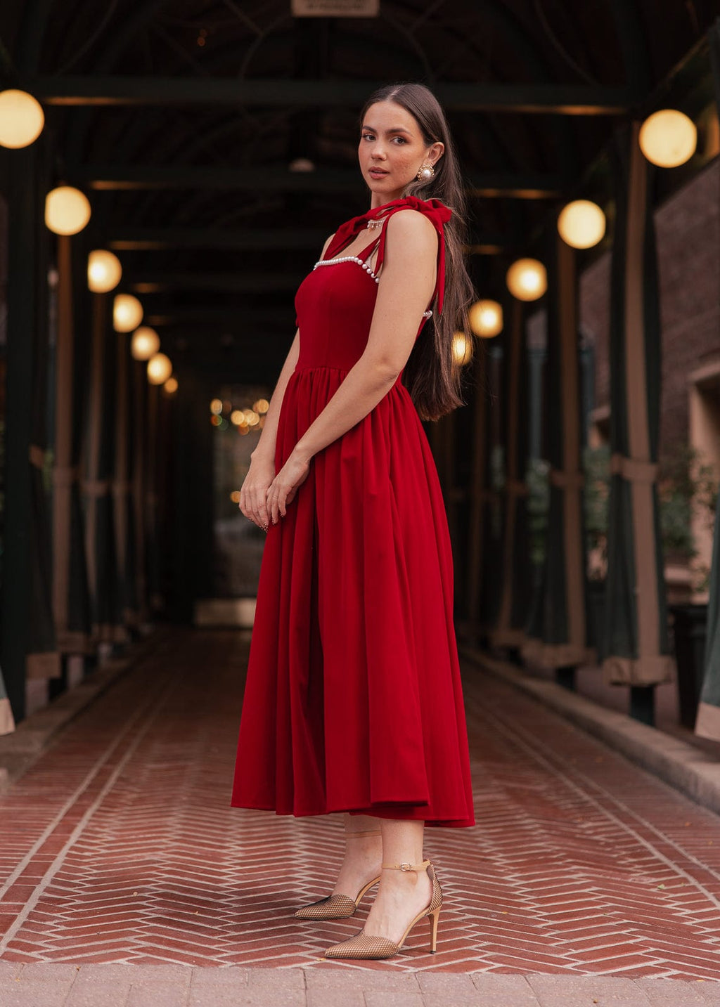 Mary Velvet Holiday Pearl Dress - Red