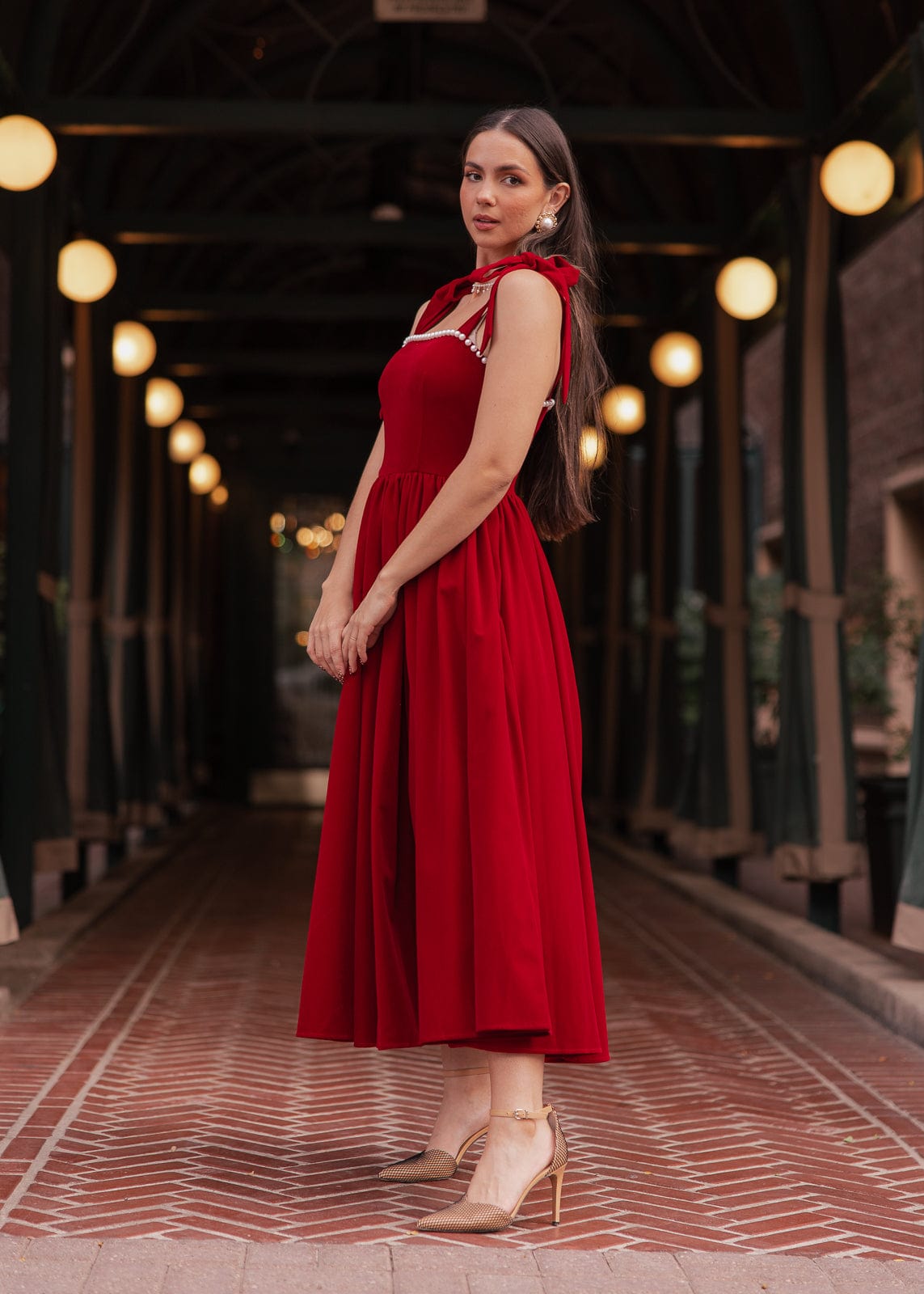 Mary Velvet Holiday Pearl Dress - Red