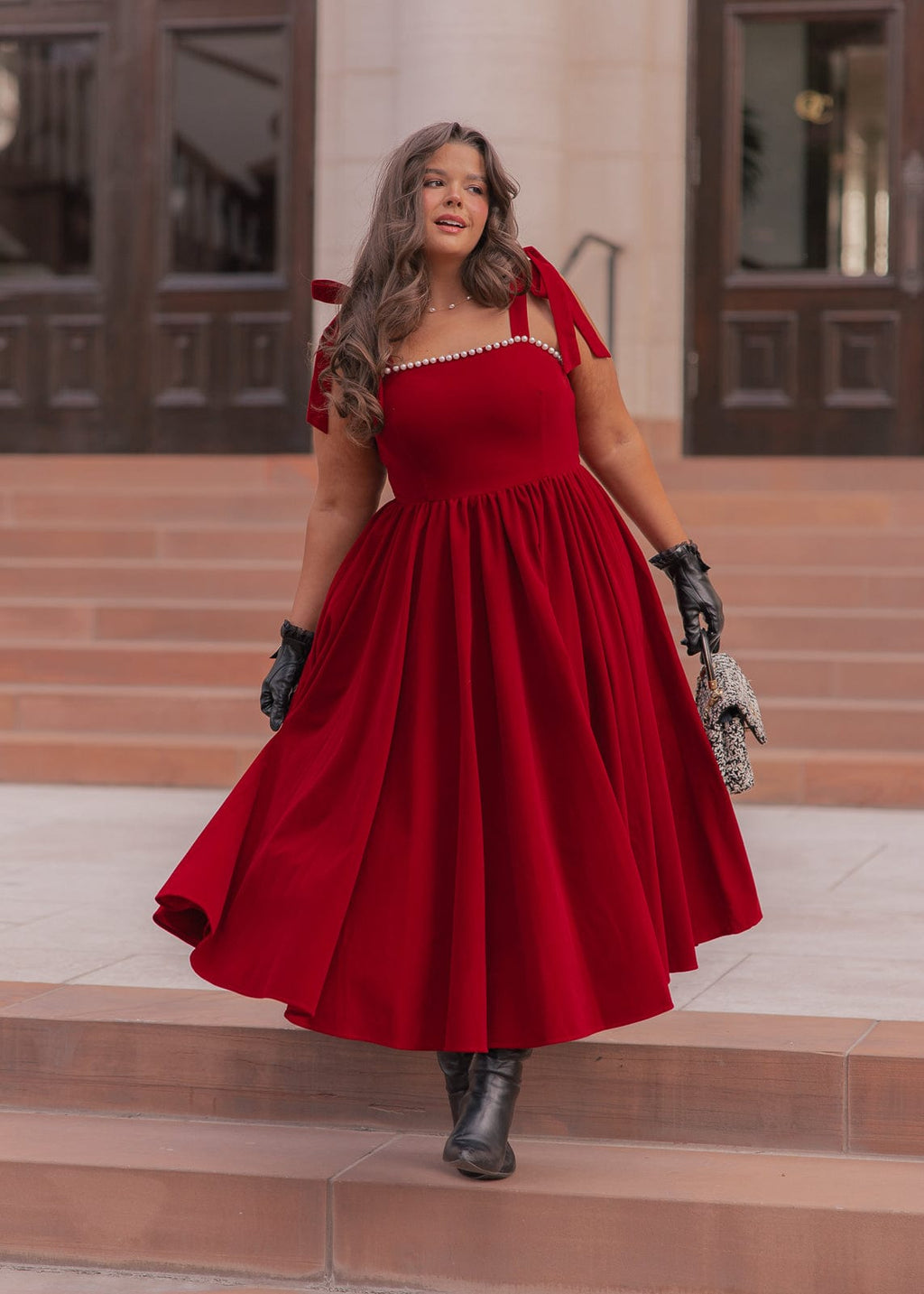 Mary Velvet Holiday Pearl Dress - Red