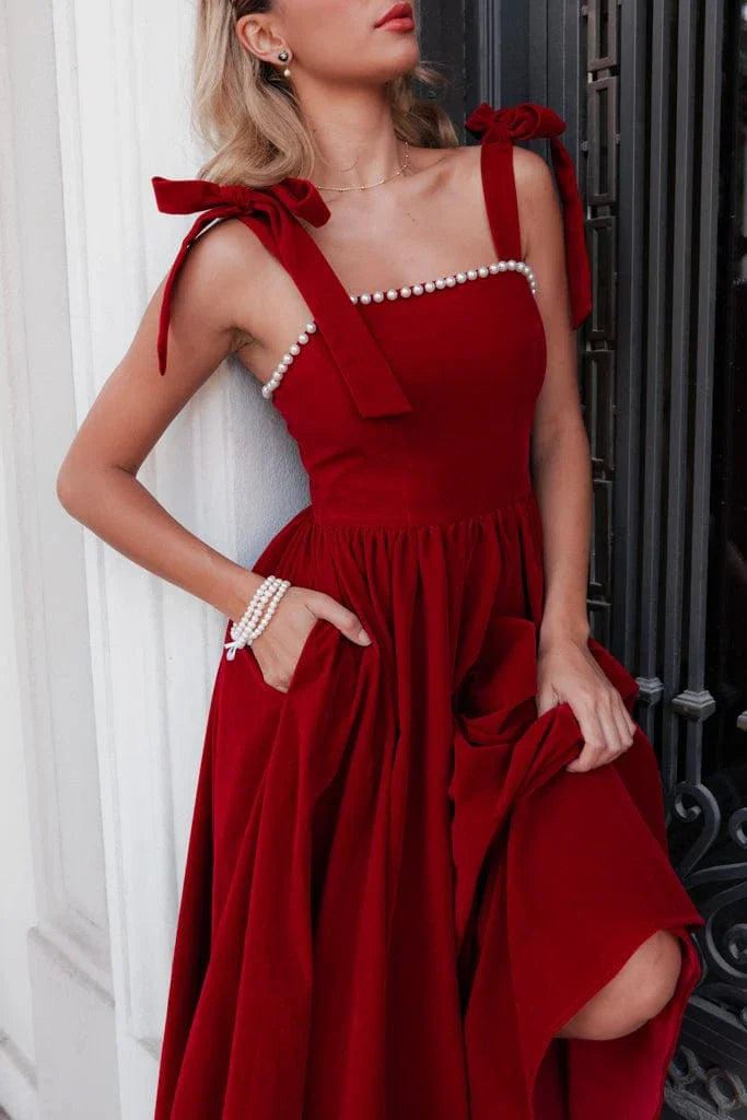 Mary Velvet Holiday Pearl Dress - Red