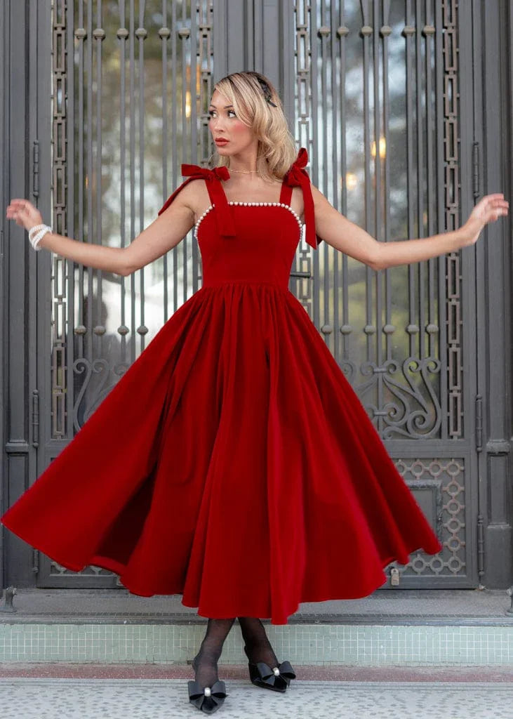 Mary Velvet Holiday Pearl Dress - Red