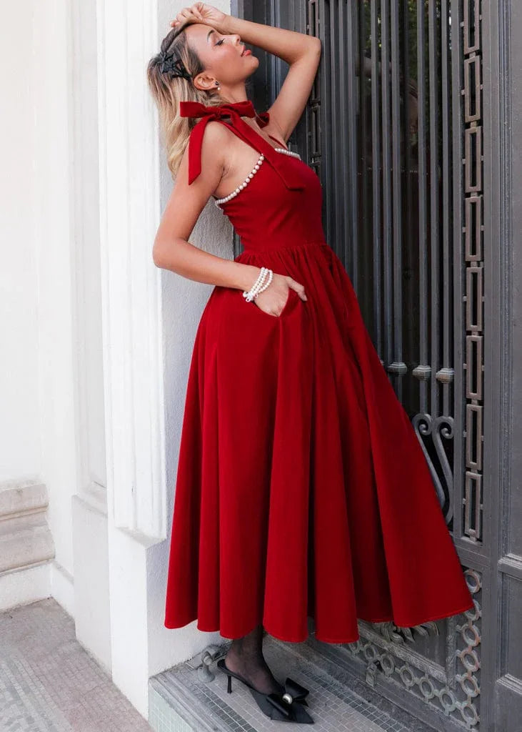 Mary Velvet Holiday Pearl Dress - Red
