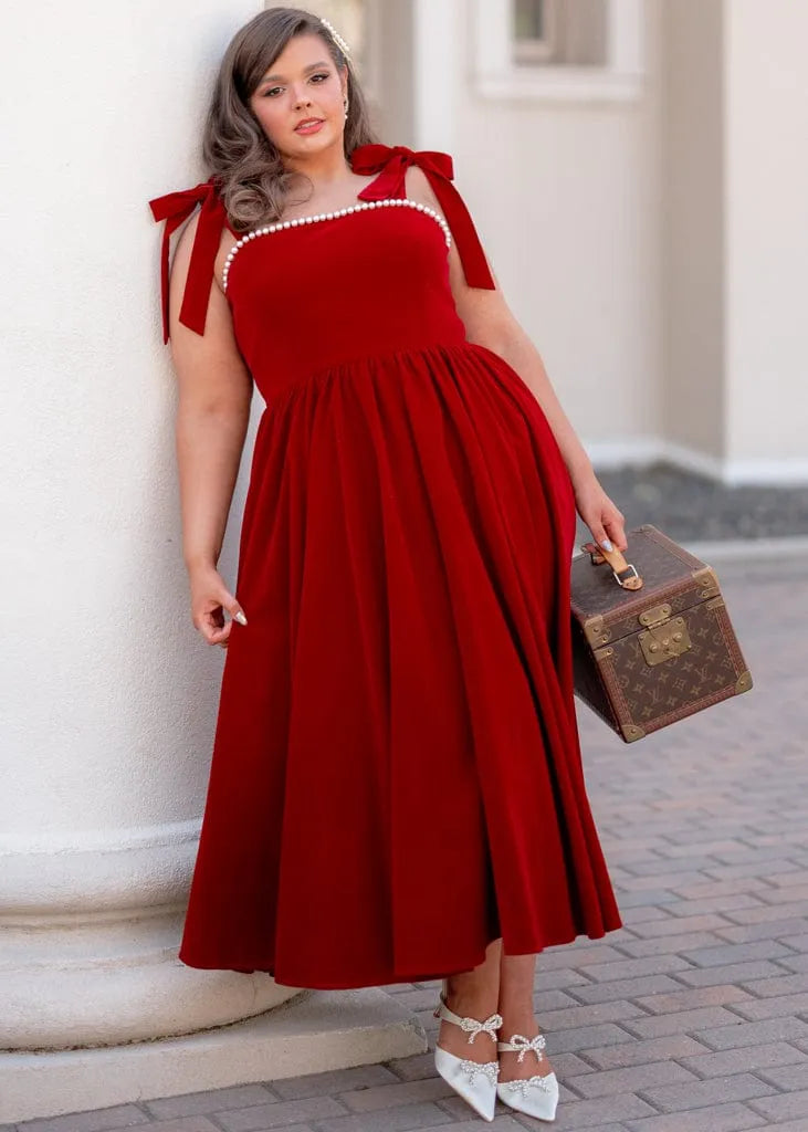 Mary Velvet Holiday Pearl Dress - Red
