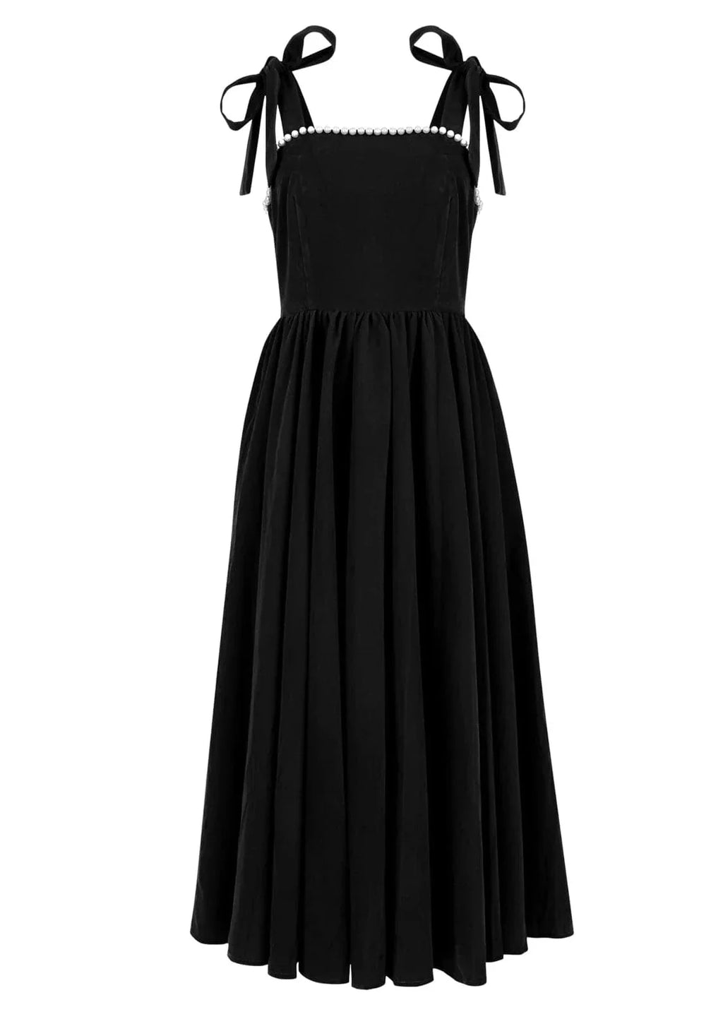 Mary Velvet Pearl Trim Bow Detail Midi Dress - Black