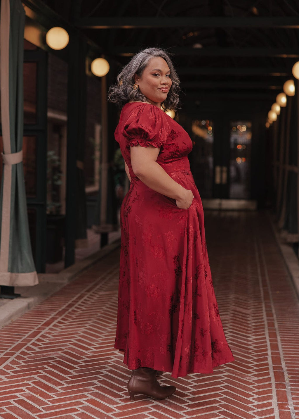 Mila Puff Sleeve Jacquard Floral Satin V-Neck Midi Dress - Burgundy