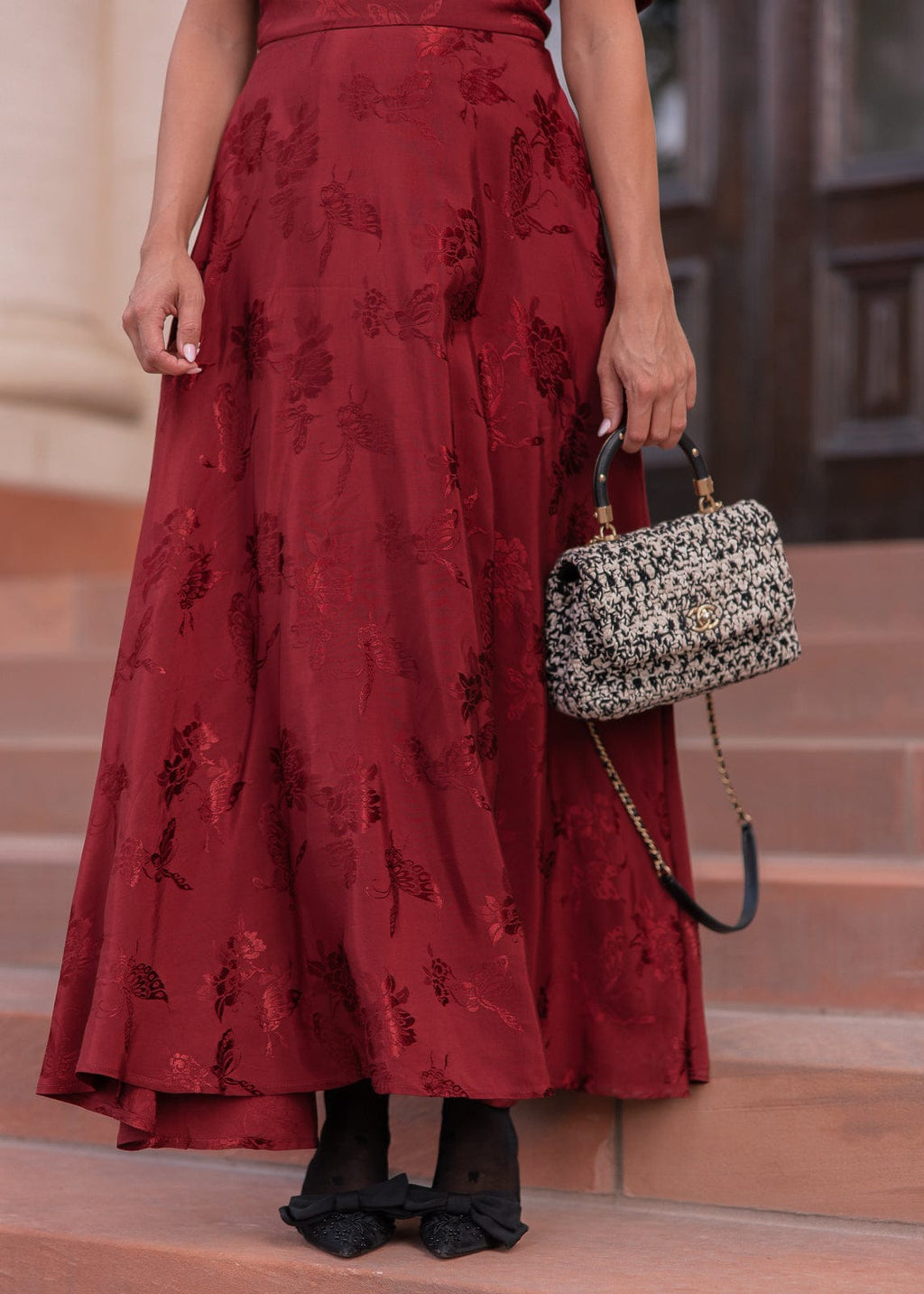 Mila Puff Sleeve Jacquard Floral Satin V-Neck Midi Dress - Burgundy