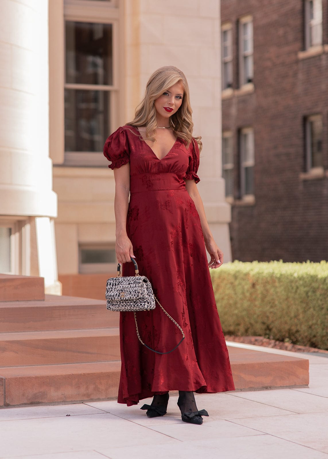 Mila Puff Sleeve Jacquard Floral Satin V-Neck Midi Dress - Burgundy