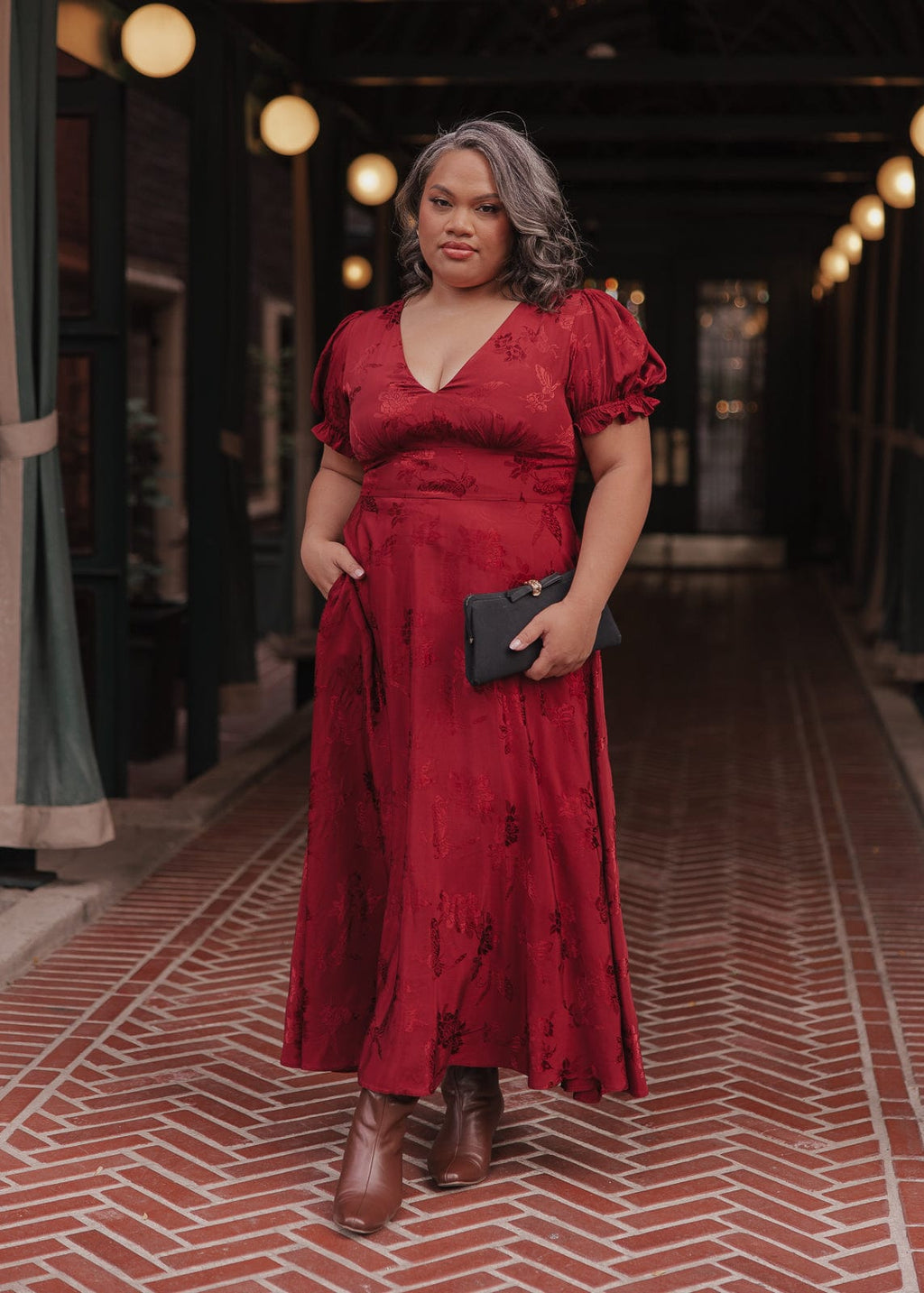 Mila Puff Sleeve Jacquard Floral Satin V-Neck Midi Dress - Burgundy