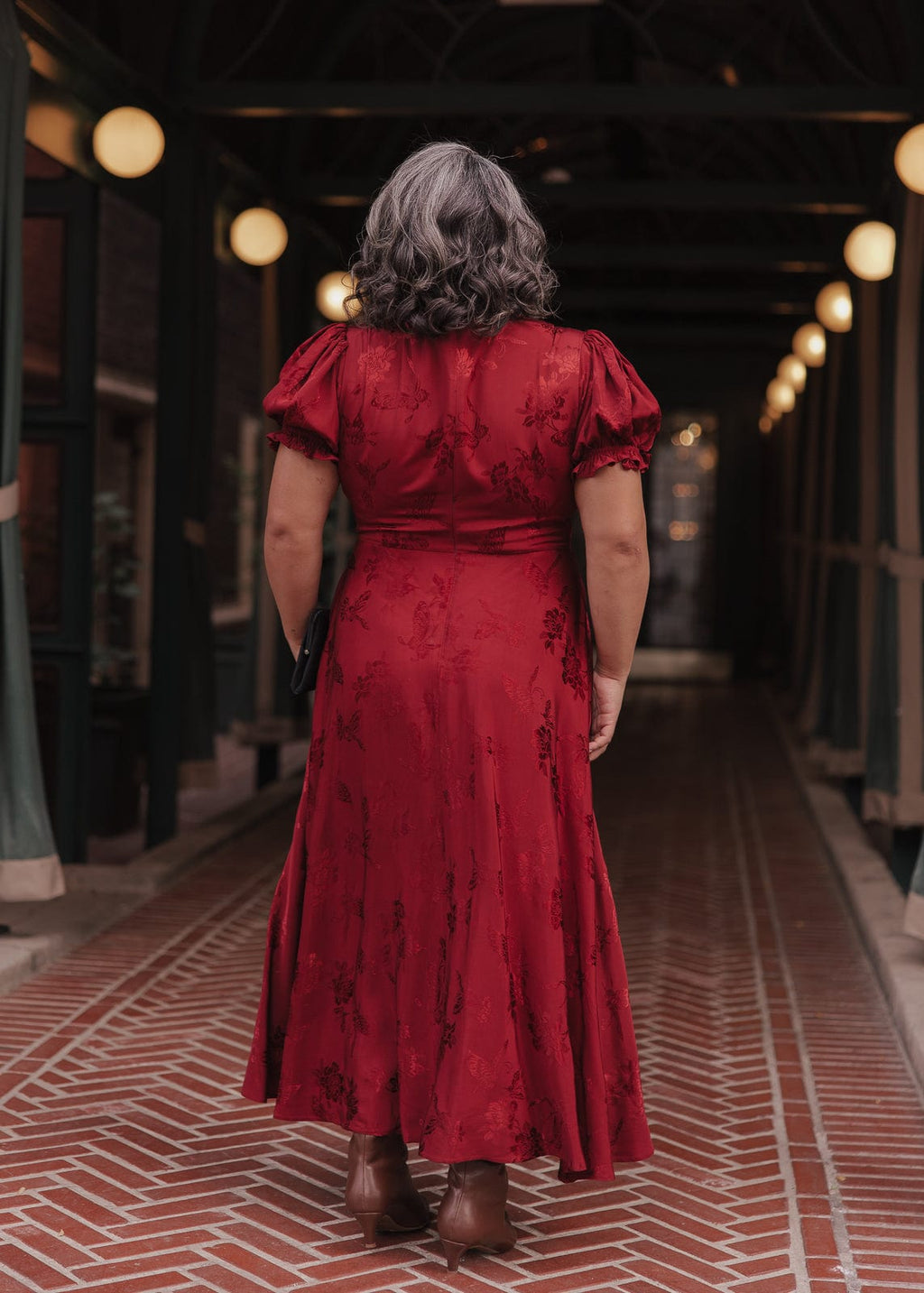 Mila Puff Sleeve Jacquard Floral Satin V-Neck Midi Dress - Burgundy