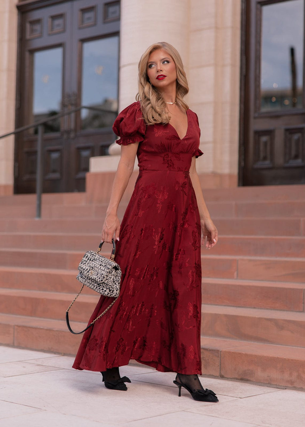Mila Puff Sleeve Jacquard Floral Satin V-Neck Midi Dress - Burgundy