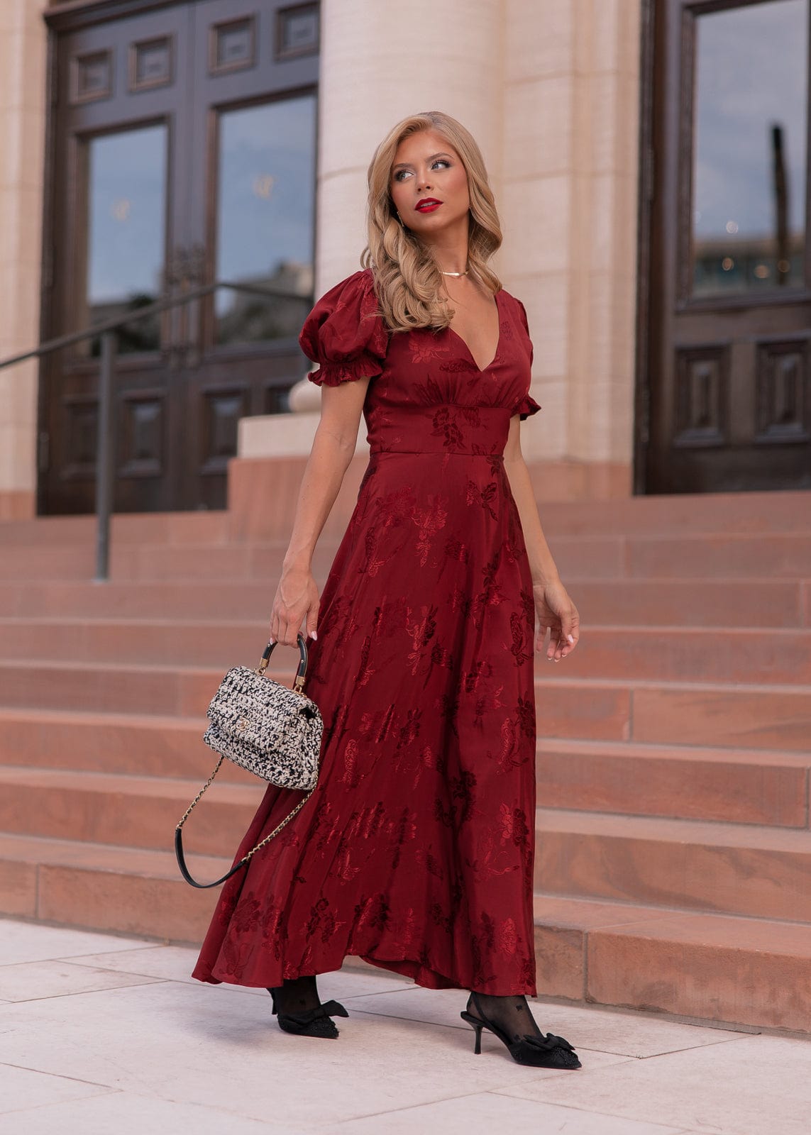 Mila Puff Sleeve Jacquard Floral Satin V-Neck Midi Dress - Burgundy
