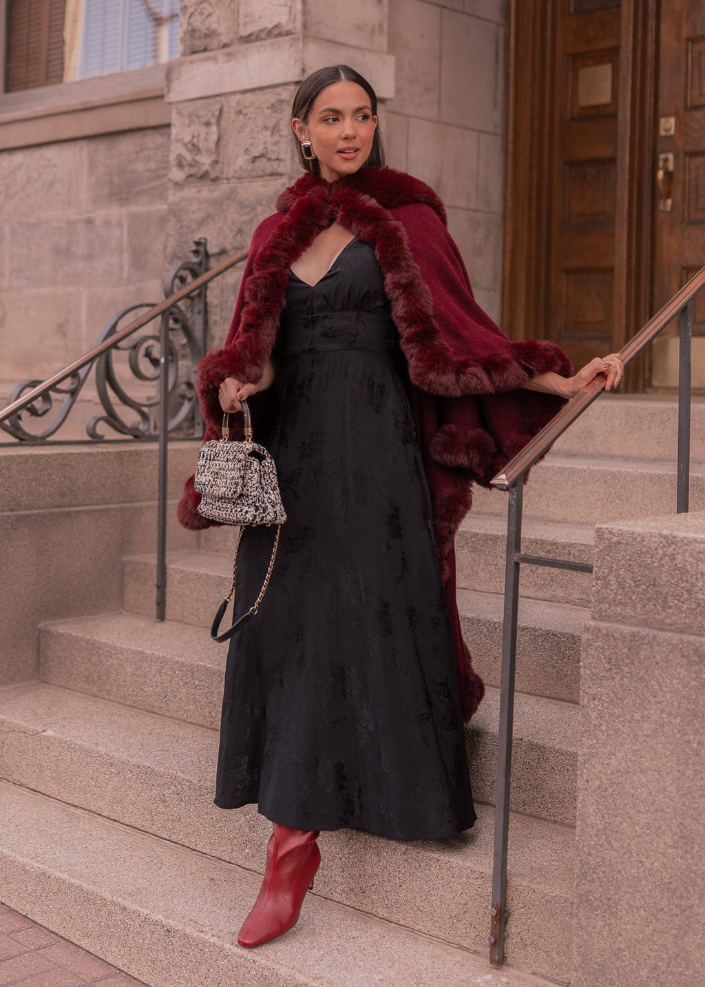 Mila Puff Sleeve Jacquard Floral Satin V-Neck Midi Dress - Black