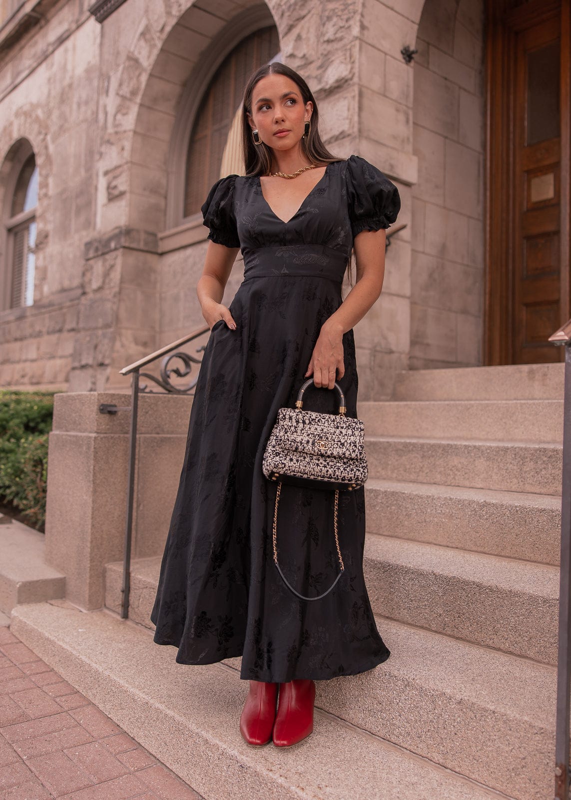 Mila Puff Sleeve Jacquard Floral Satin V-Neck Midi Dress - Black