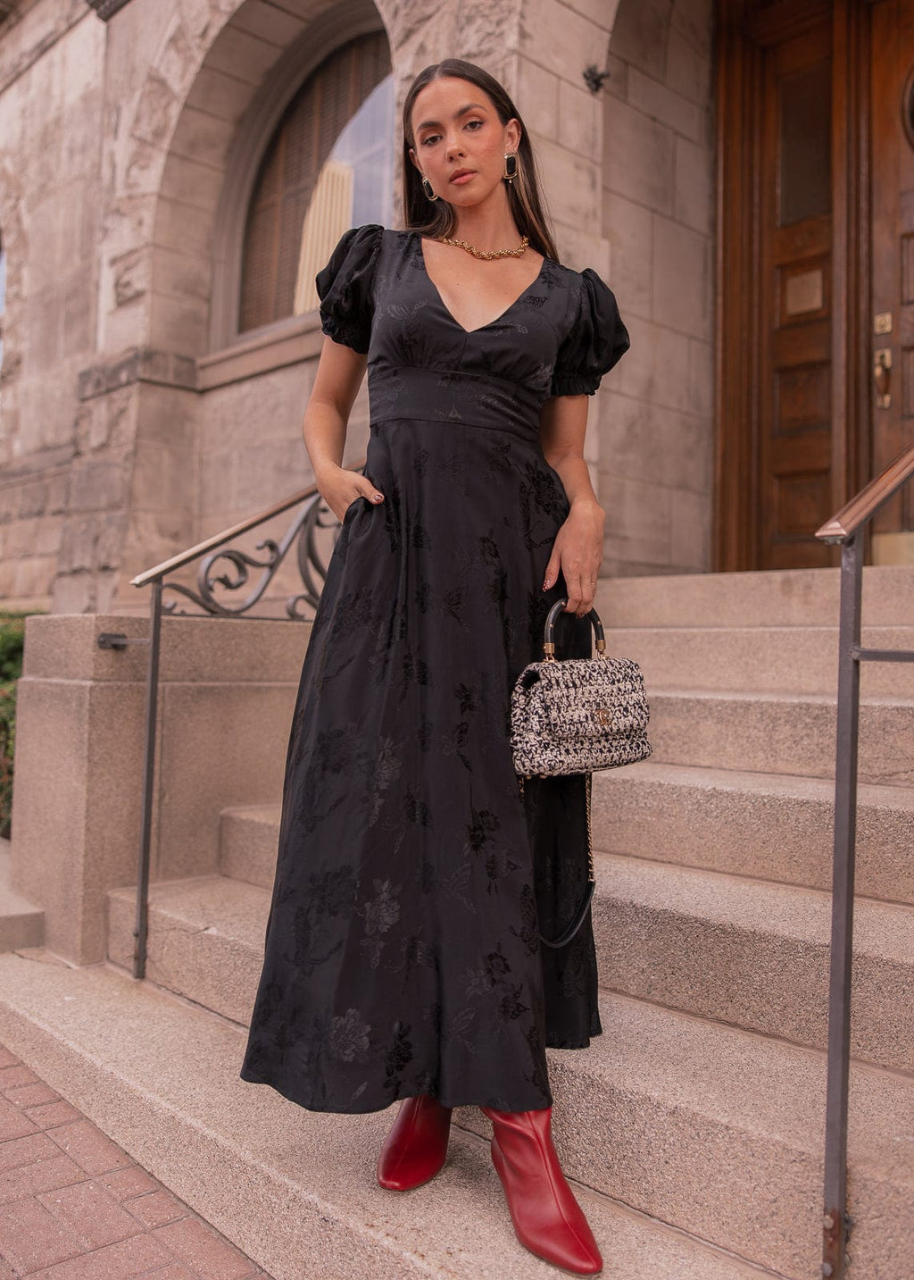 Mila Puff Sleeve Jacquard Floral Satin V-Neck Midi Dress - Black