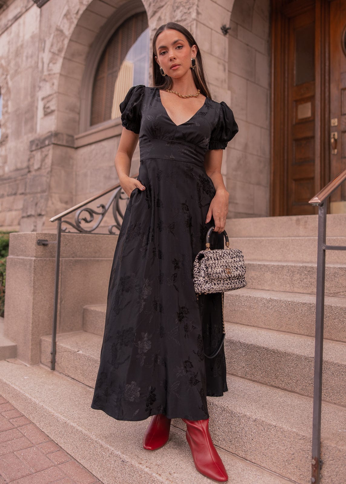 Mila Puff Sleeve Jacquard Floral Satin V-Neck Midi Dress - Black