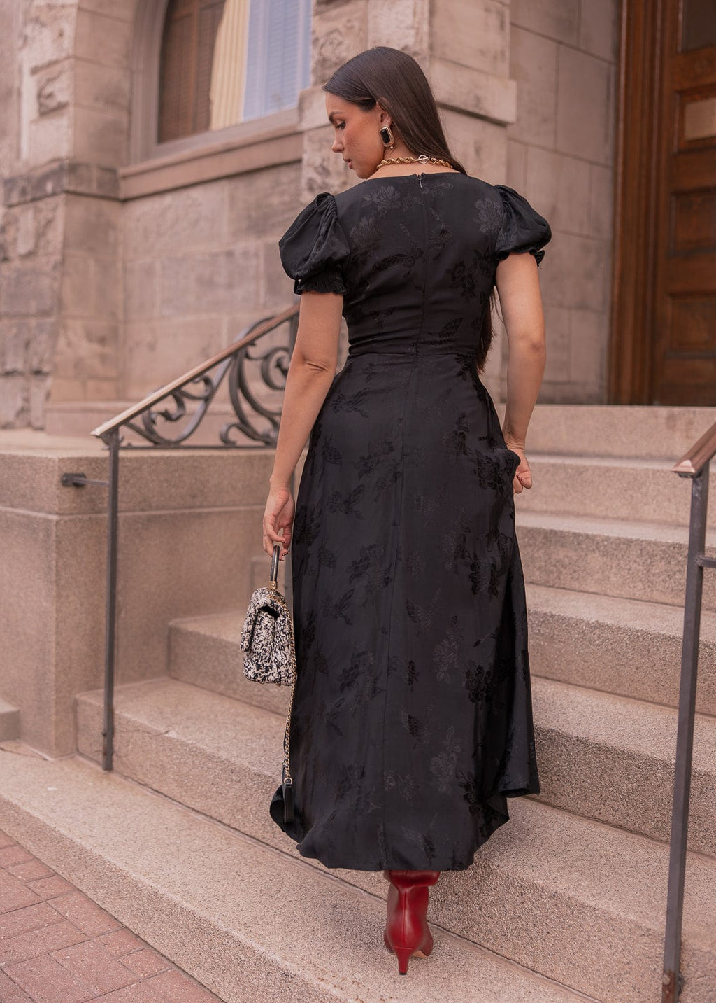 Mila Puff Sleeve Jacquard Floral Satin V-Neck Midi Dress - Black