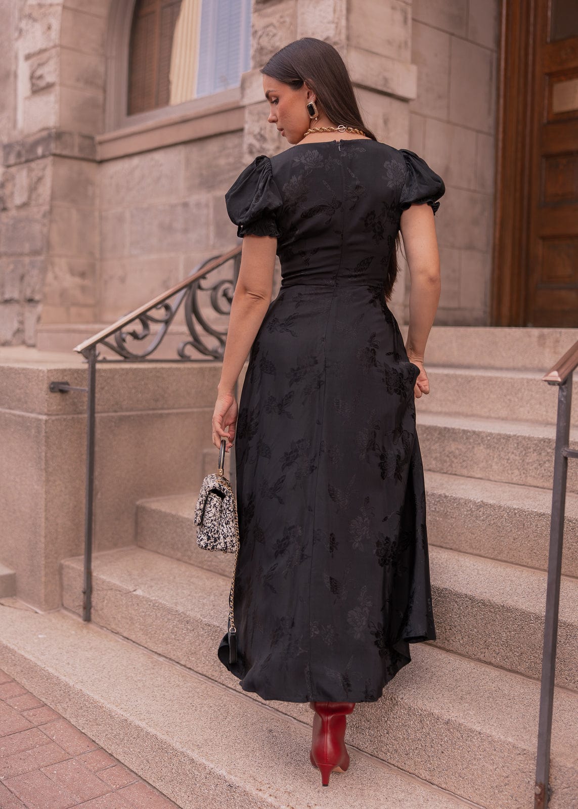 Mila Puff Sleeve Jacquard Floral Satin V-Neck Midi Dress - Black