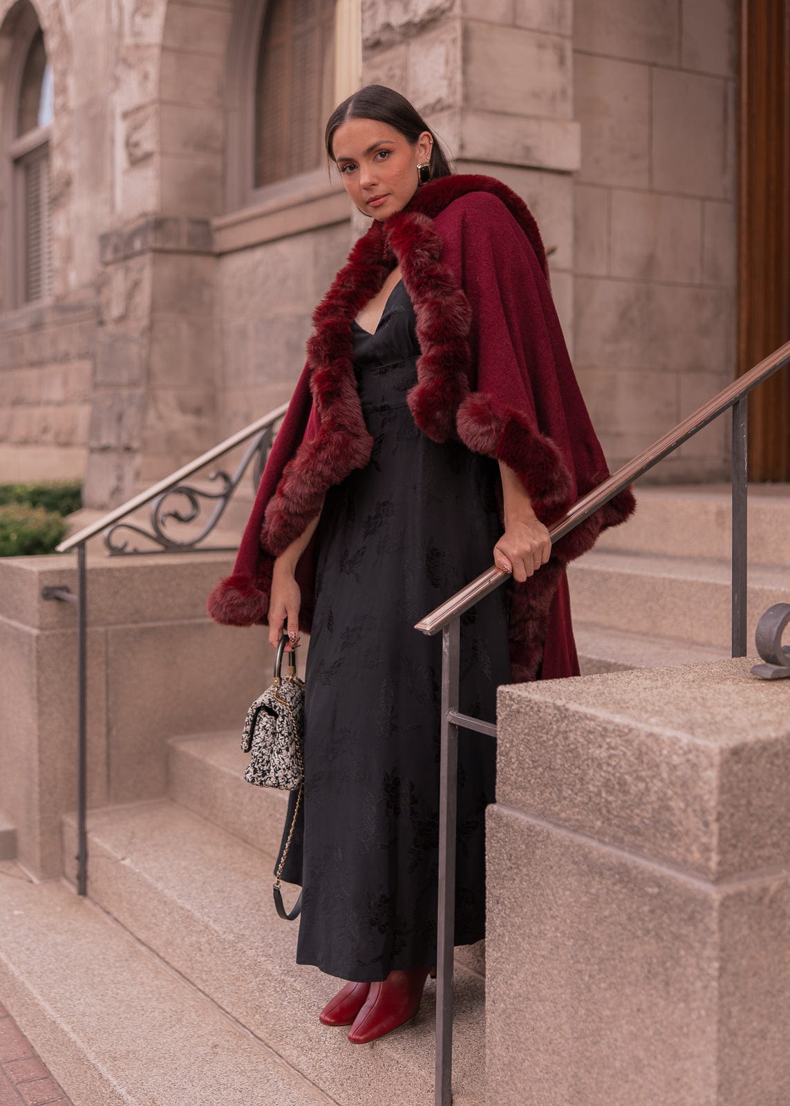 Mila Puff Sleeve Jacquard Floral Satin V-Neck Midi Dress - Black