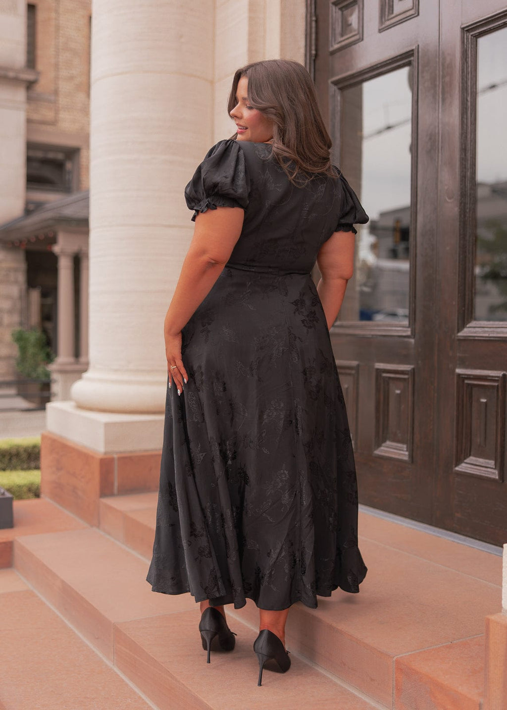 Mila Puff Sleeve Jacquard Floral Satin V-Neck Midi Dress - Black