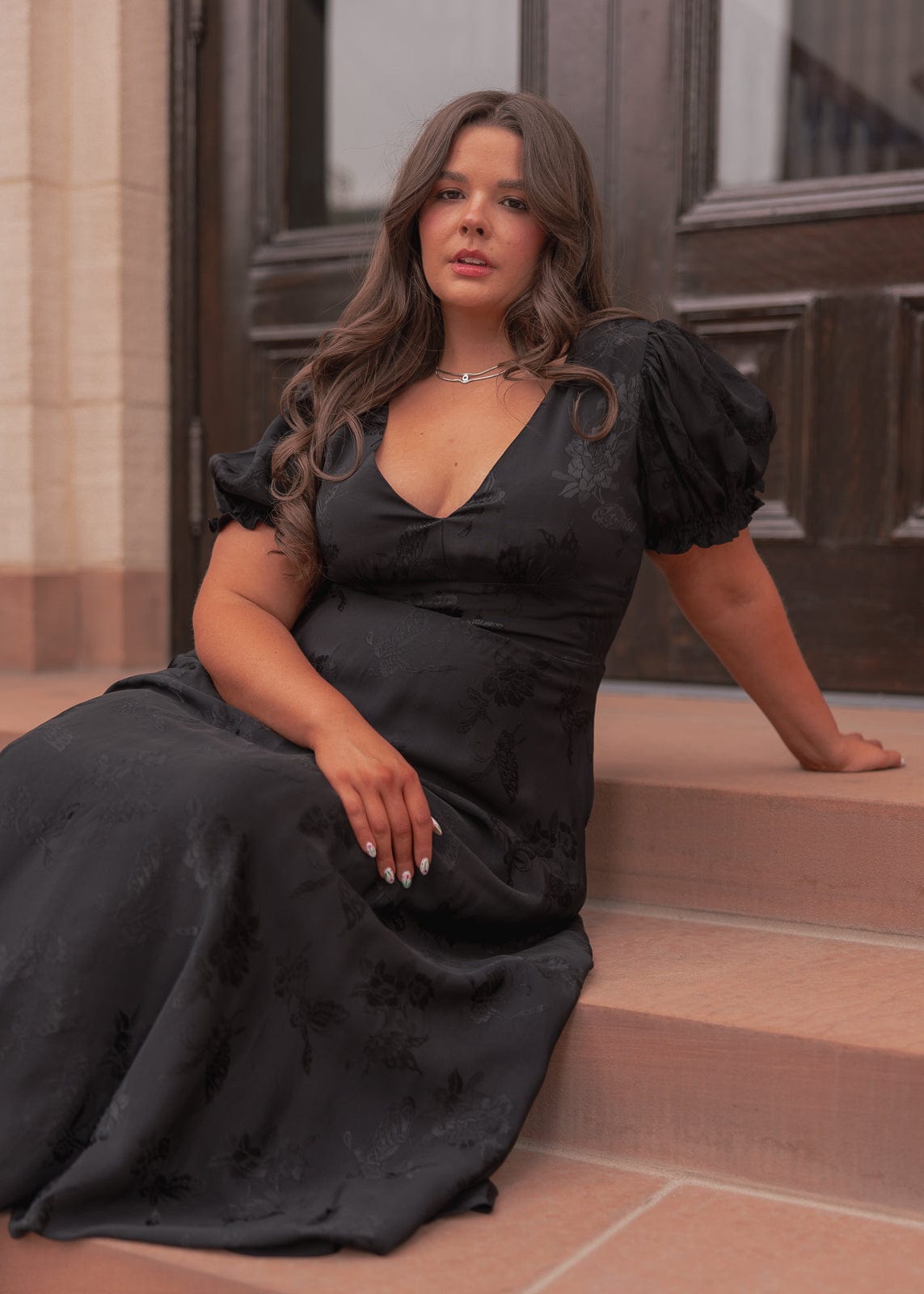 Mila Puff Sleeve Jacquard Floral Satin V-Neck Midi Dress - Black