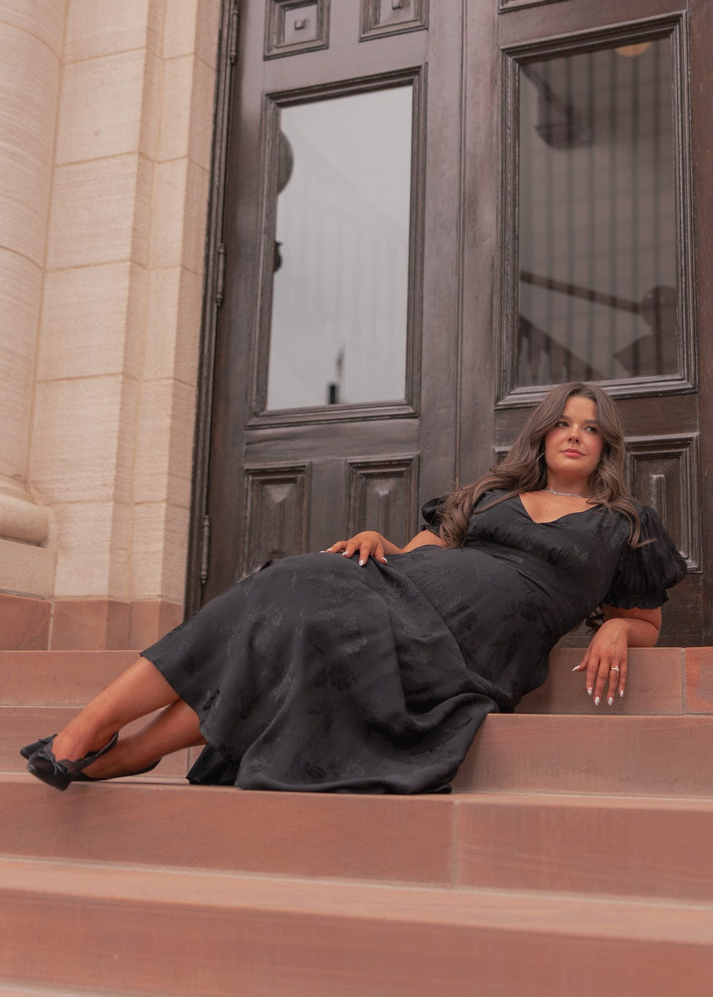 Mila Puff Sleeve Jacquard Floral Satin V-Neck Midi Dress - Black