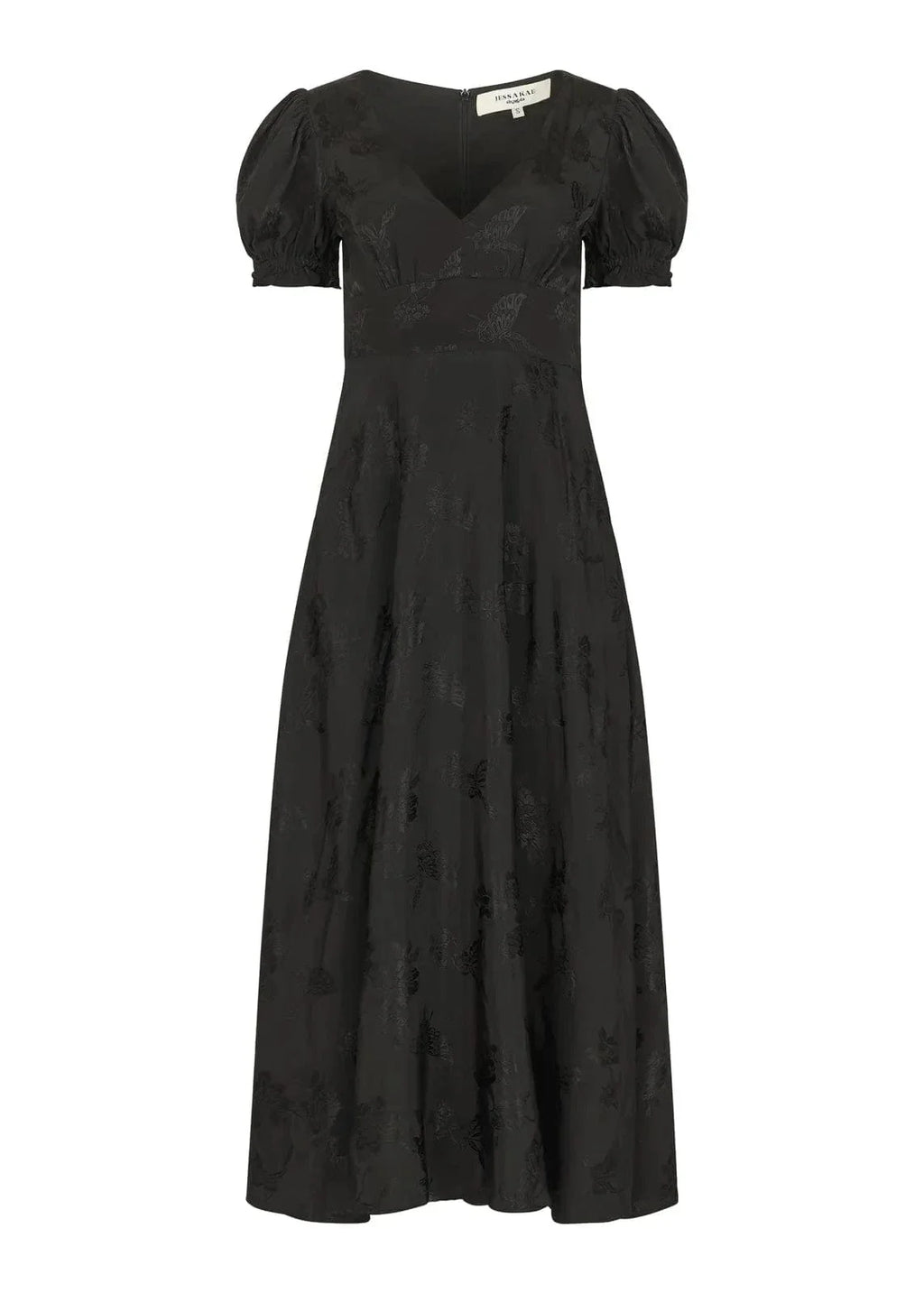 Mila Puff Sleeve Jacquard Floral Satin V-Neck Midi Dress - Black
