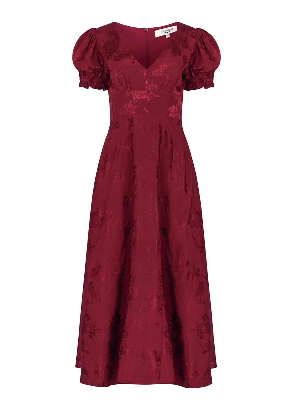 Mila Puff Sleeve Jacquard Floral Satin V-Neck Midi Dress - Burgundy
