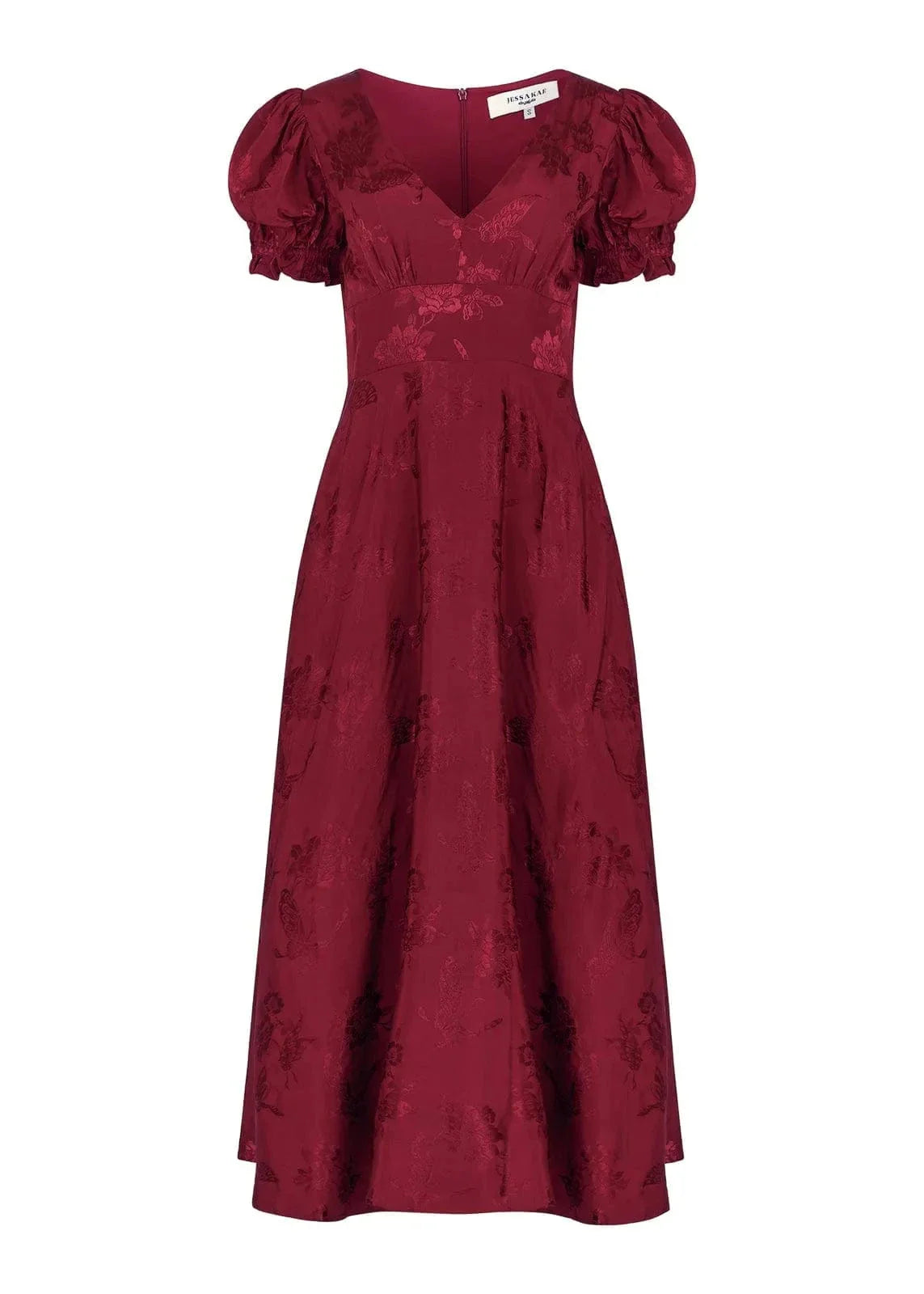 Mila Puff Sleeve Jacquard Floral Satin V-Neck Midi Dress - Burgundy