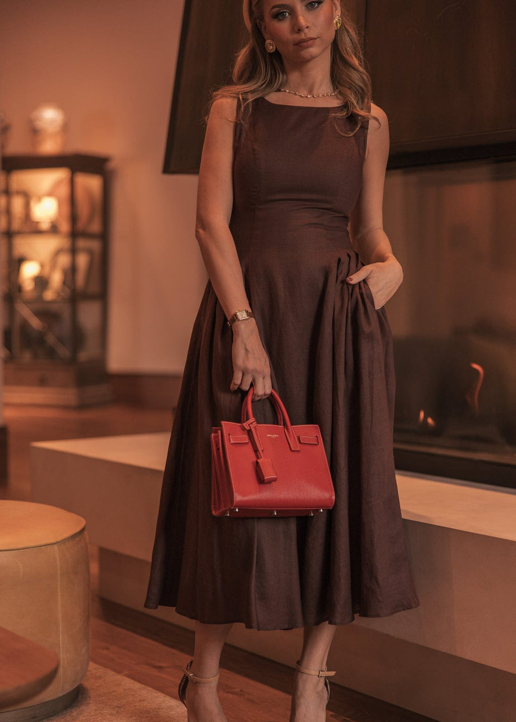 Miranda Midi Drop Waist Cotton Dress - Brown