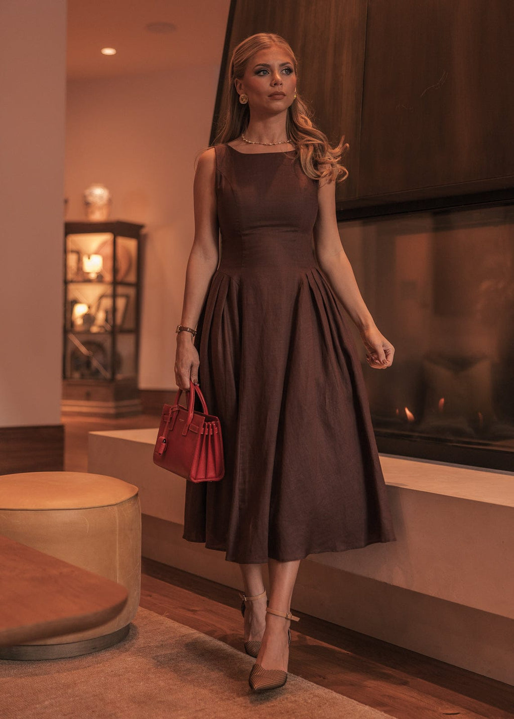 Miranda Midi Drop Waist Cotton Dress - Brown