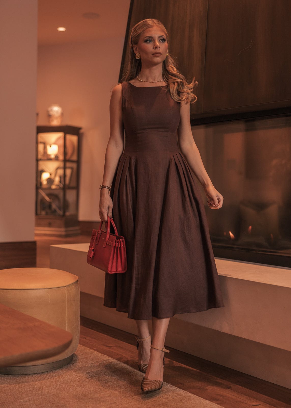 Miranda Midi Drop Waist Cotton Dress - Brown