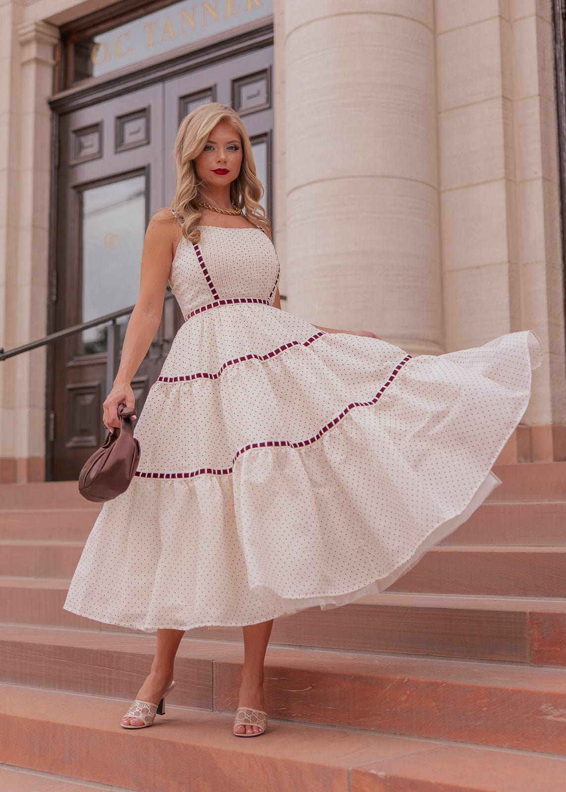Monroe Polkadot Velvet Ribbon Trim Dress - Cream