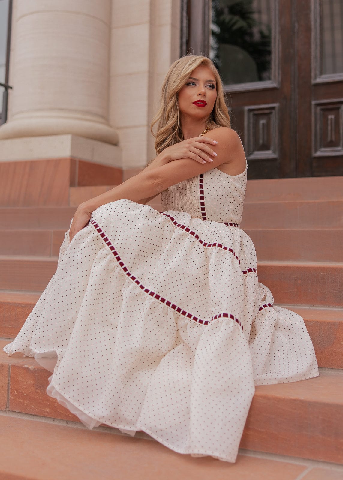 Monroe Polkadot Velvet Ribbon Trim Dress - Cream