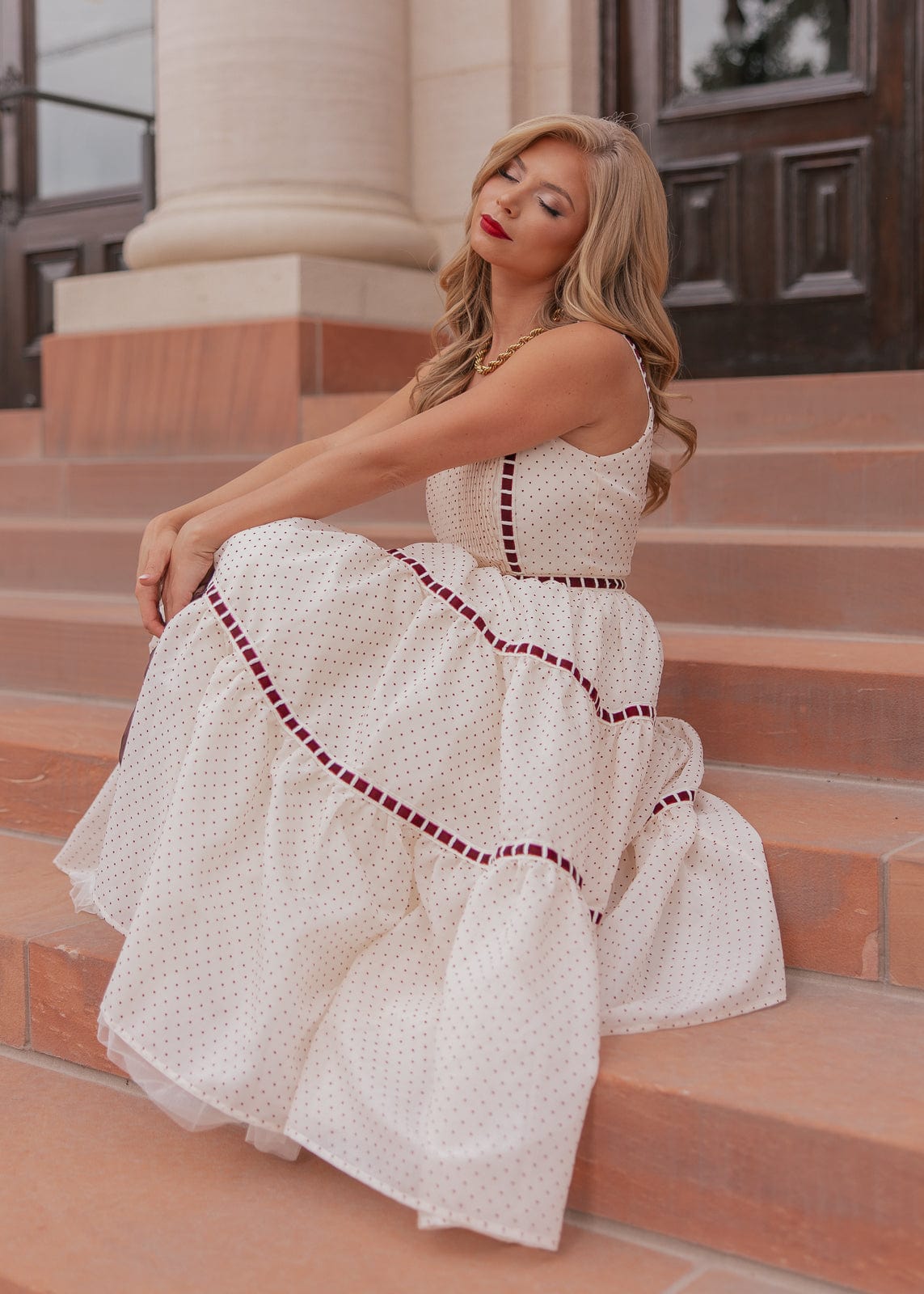 Monroe Polkadot Velvet Ribbon Trim Dress - Cream