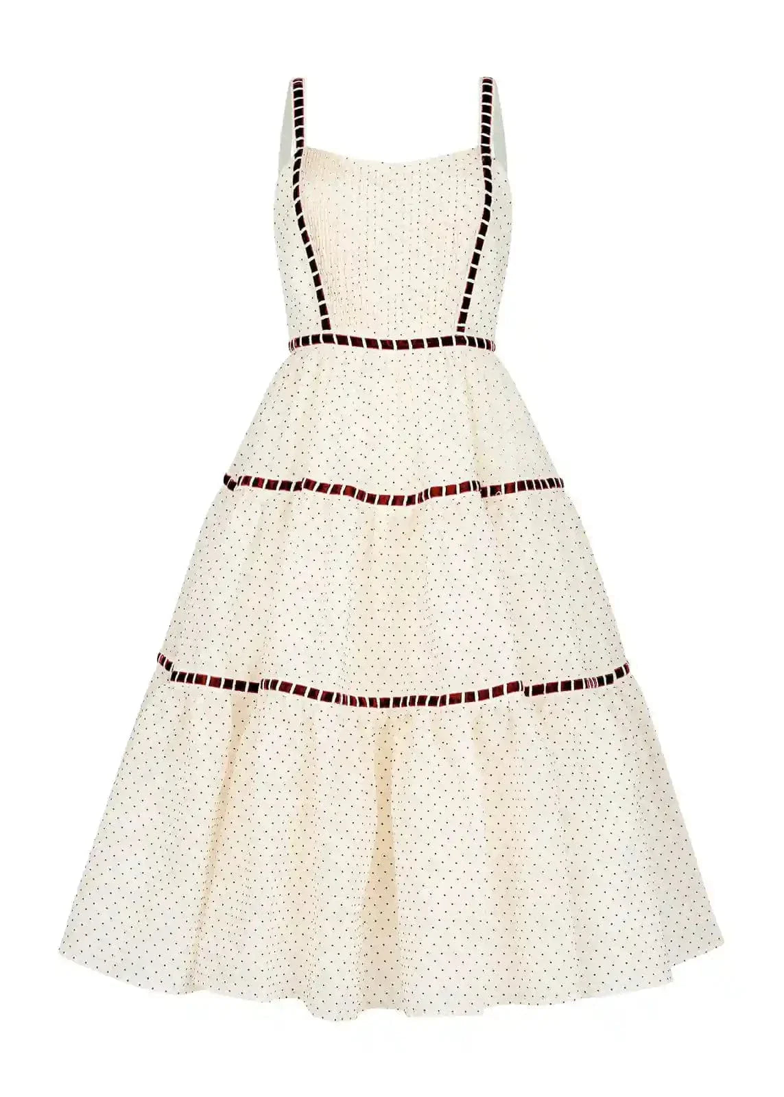 Monroe Polkadot Velvet Ribbon Trim Dress - Cream