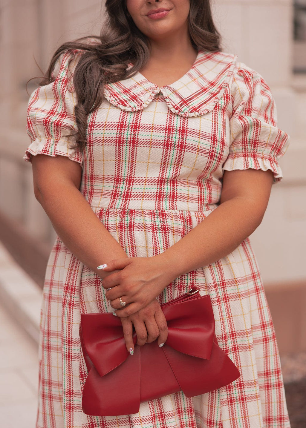 Pyper Oversized Collar Cotton Puff Sleeve Midi Dress - Red Plaid