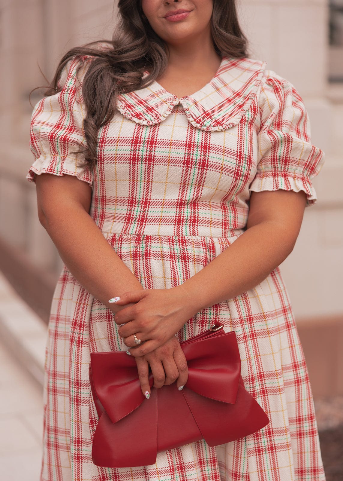 Pyper Oversized Collar Cotton Puff Sleeve Midi Dress - Red Plaid