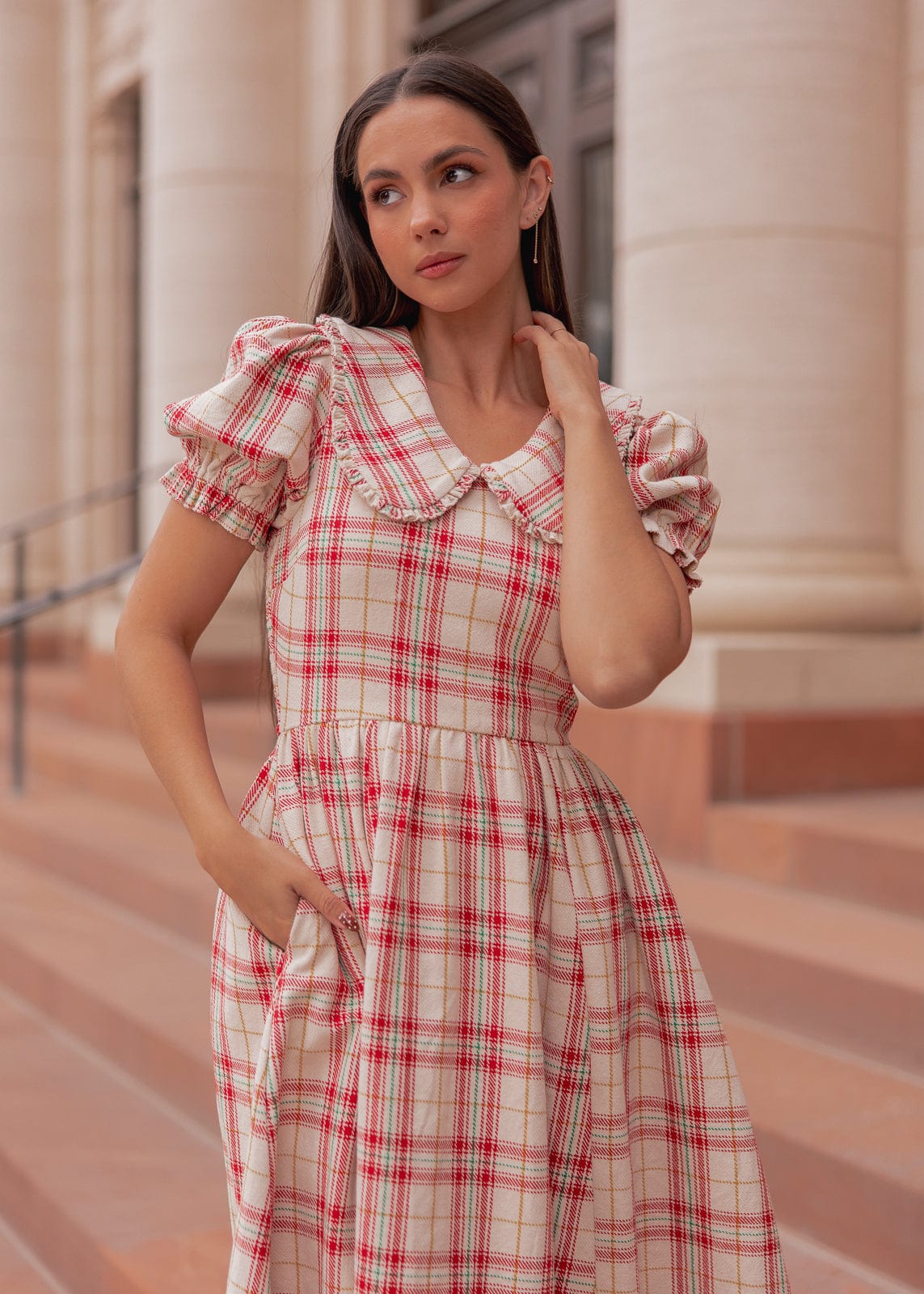 Pyper Oversized Collar Cotton Puff Sleeve Midi Dress - Red Plaid