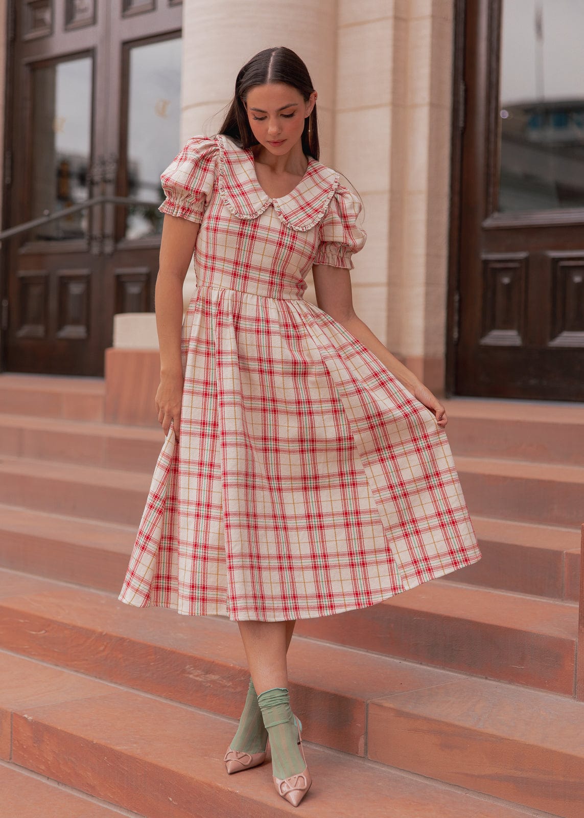 Pyper Oversized Collar Cotton Puff Sleeve Midi Dress - Red Plaid