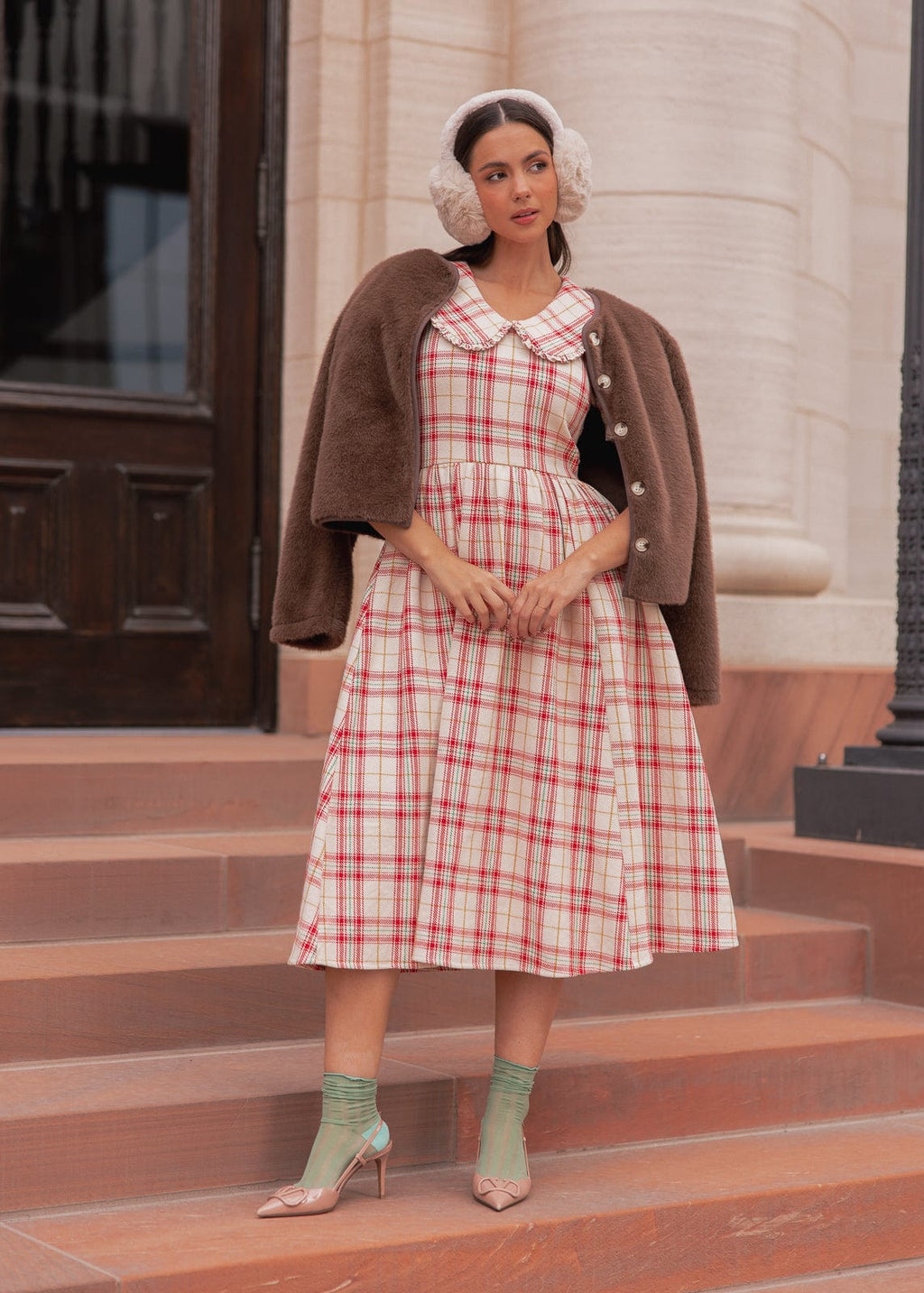 Pyper Oversized Collar Cotton Puff Sleeve Midi Dress - Red Plaid