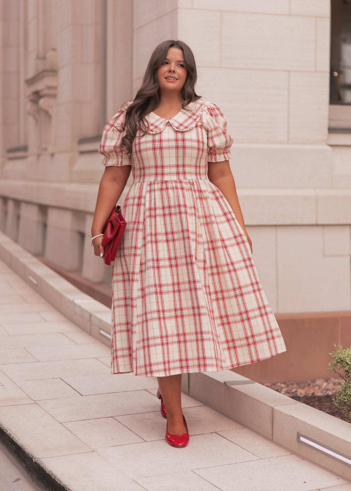 Pyper Oversized Collar Cotton Puff Sleeve Midi Dress - Red Plaid
