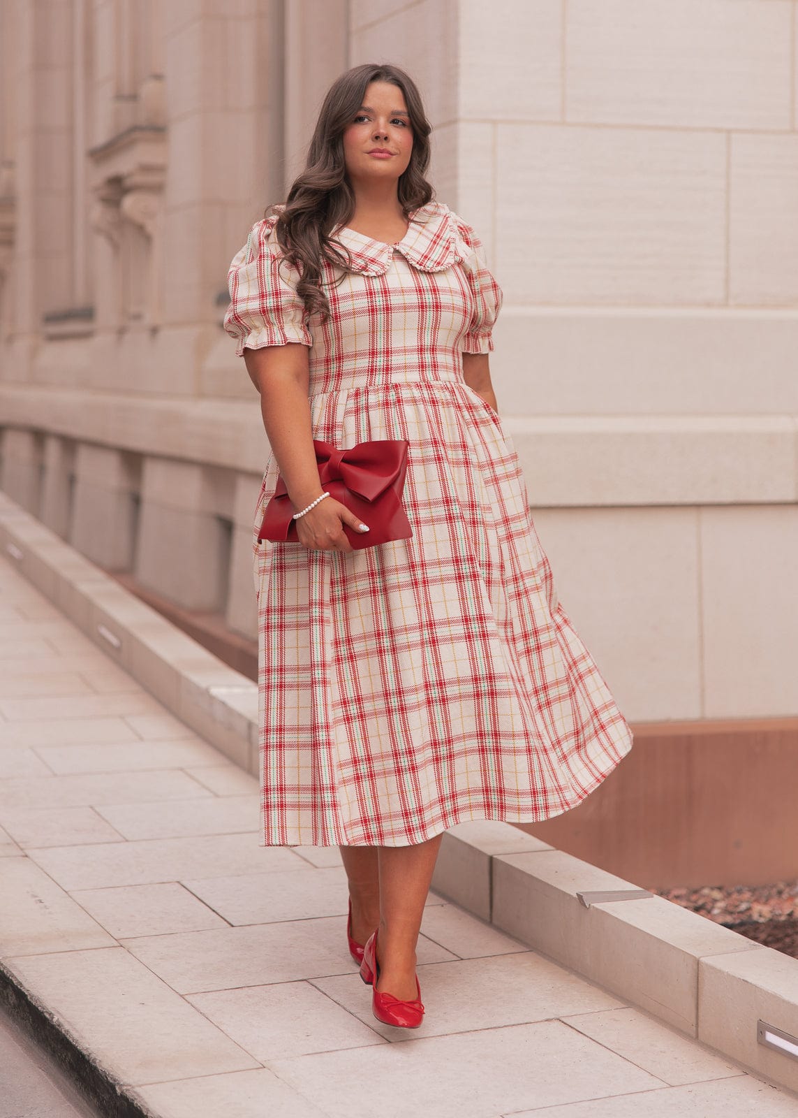 Pyper Oversized Collar Cotton Puff Sleeve Midi Dress - Red Plaid