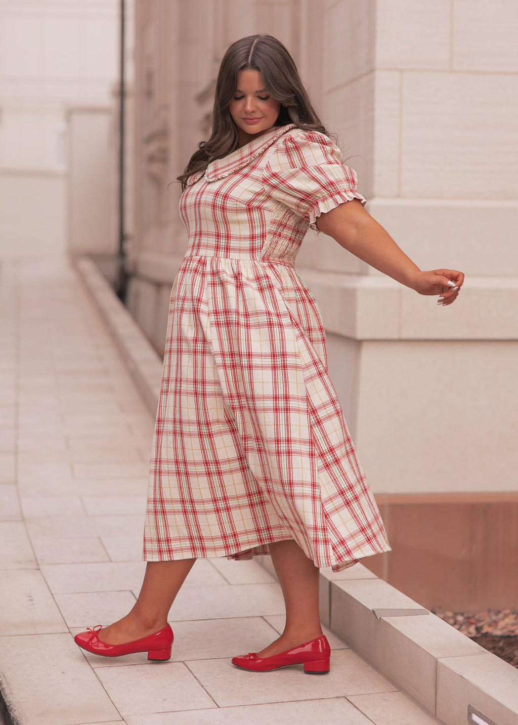 Pyper Oversized Collar Cotton Puff Sleeve Midi Dress - Red Plaid