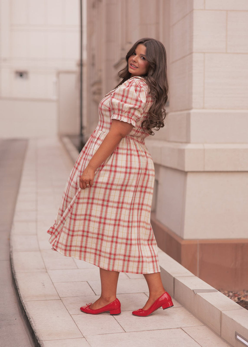 Pyper Oversized Collar Cotton Puff Sleeve Midi Dress - Red Plaid