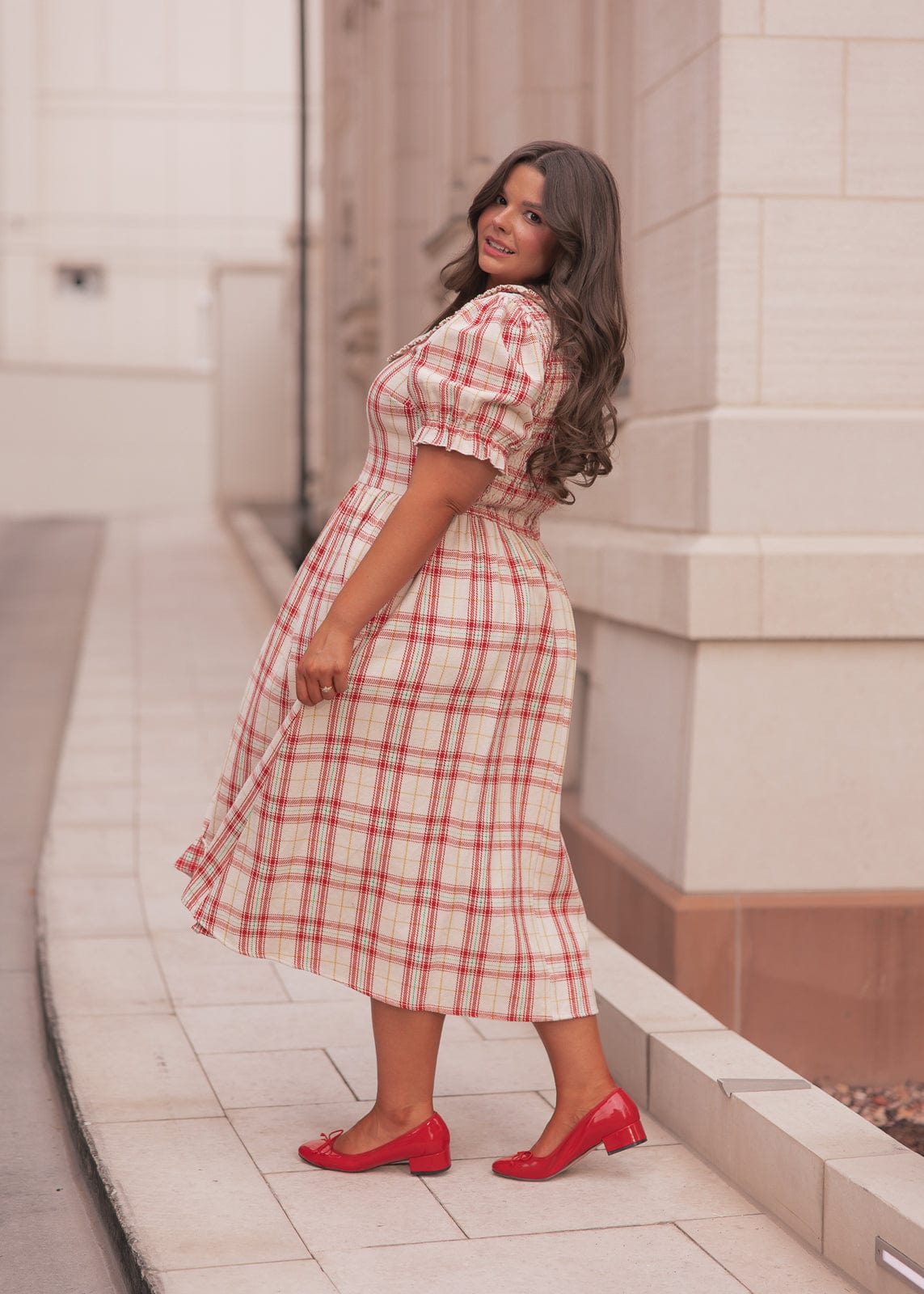 Pyper Oversized Collar Cotton Puff Sleeve Midi Dress - Red Plaid