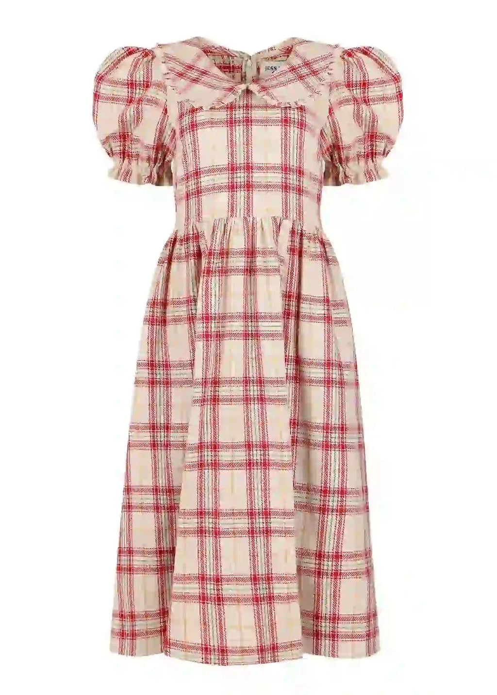 Pyper Oversized Collar Cotton Puff Sleeve Midi Dress - Red Plaid
