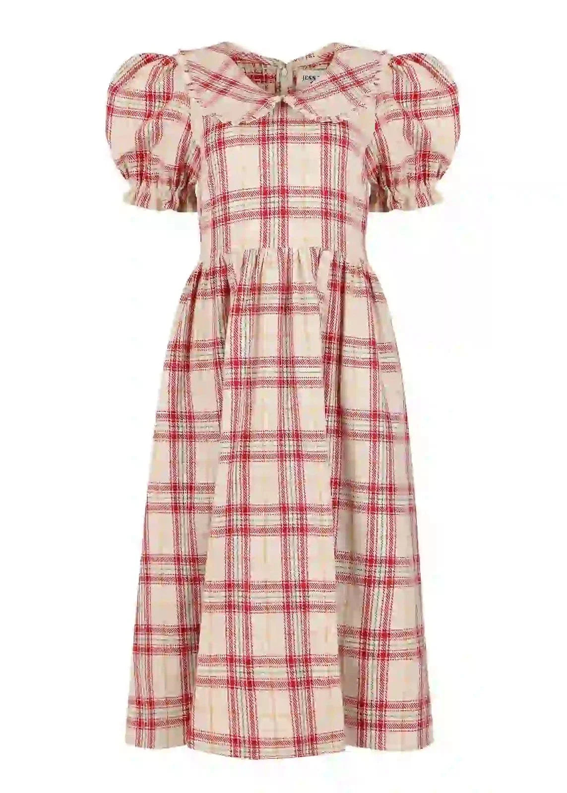 Pyper Oversized Collar Cotton Puff Sleeve Midi Dress - Red Plaid