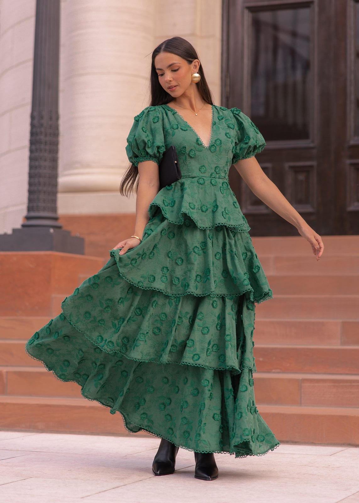 Sloane Puff Sleeve Tiered Cotton Floral V-Neck Maxi Dress - Green