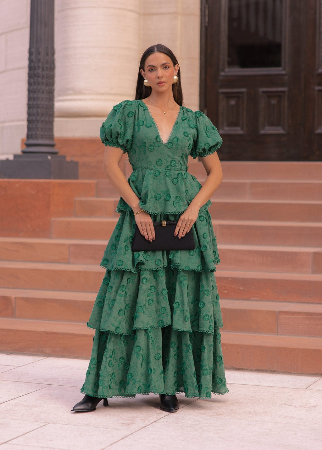 Sloane Puff Sleeve Tiered Cotton Floral V-Neck Maxi Dress - Green